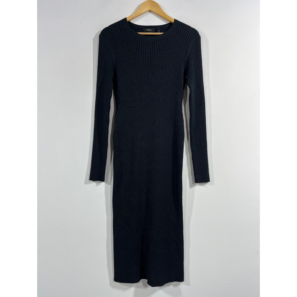 Theory Minimalist Parisian Ribbed Sweater Dress Noble Wool Blend Midi Large Chic